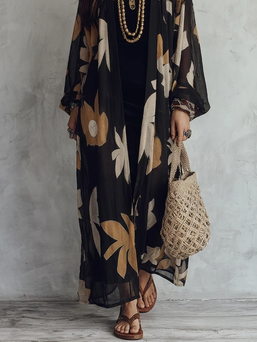 Boho Long Sleeve Maxi Duster Cardigan Cover-Up - Image 3