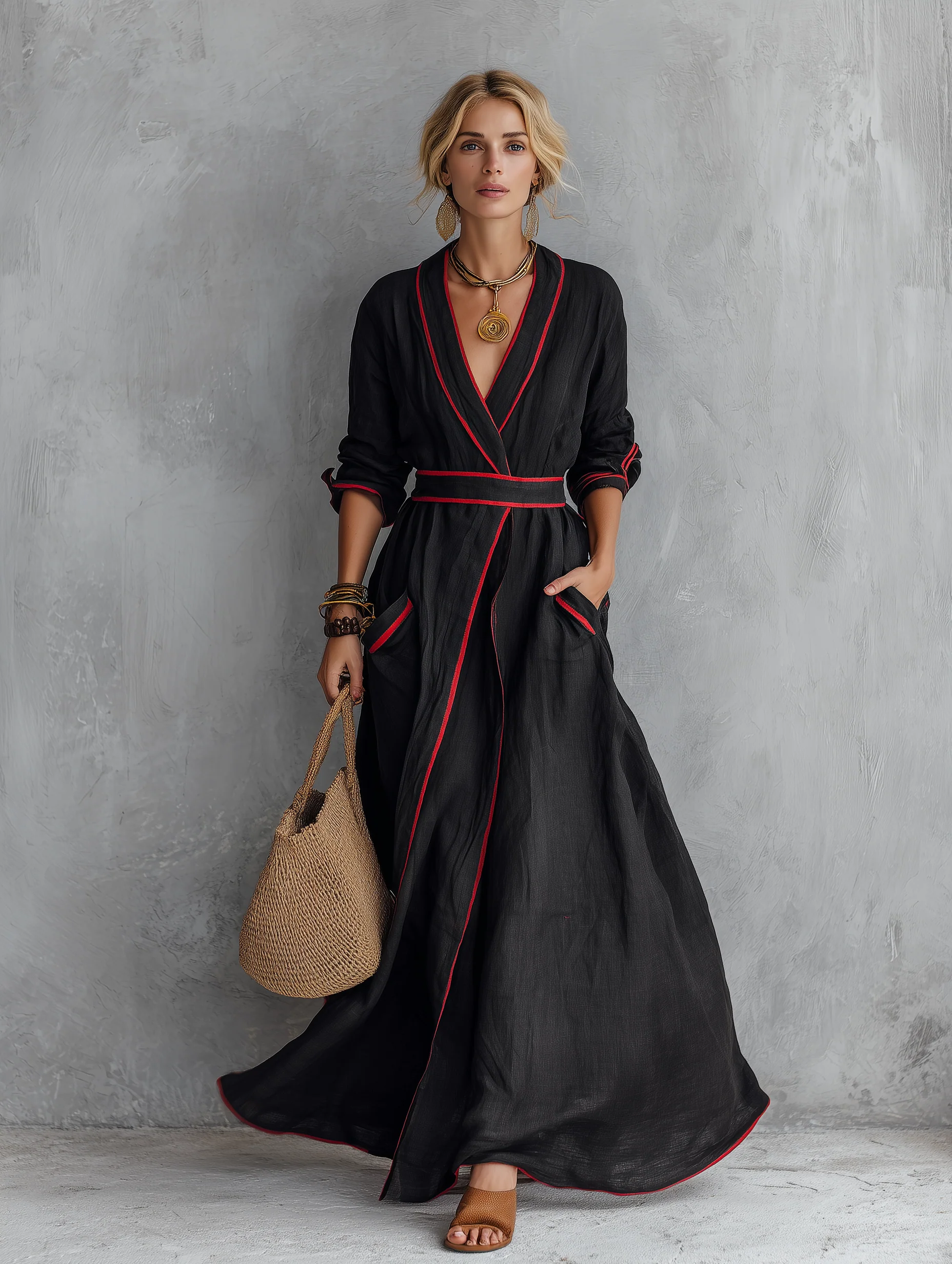 Boho Luxe Contrast Trim Wrap Maxi Dress - Image 2