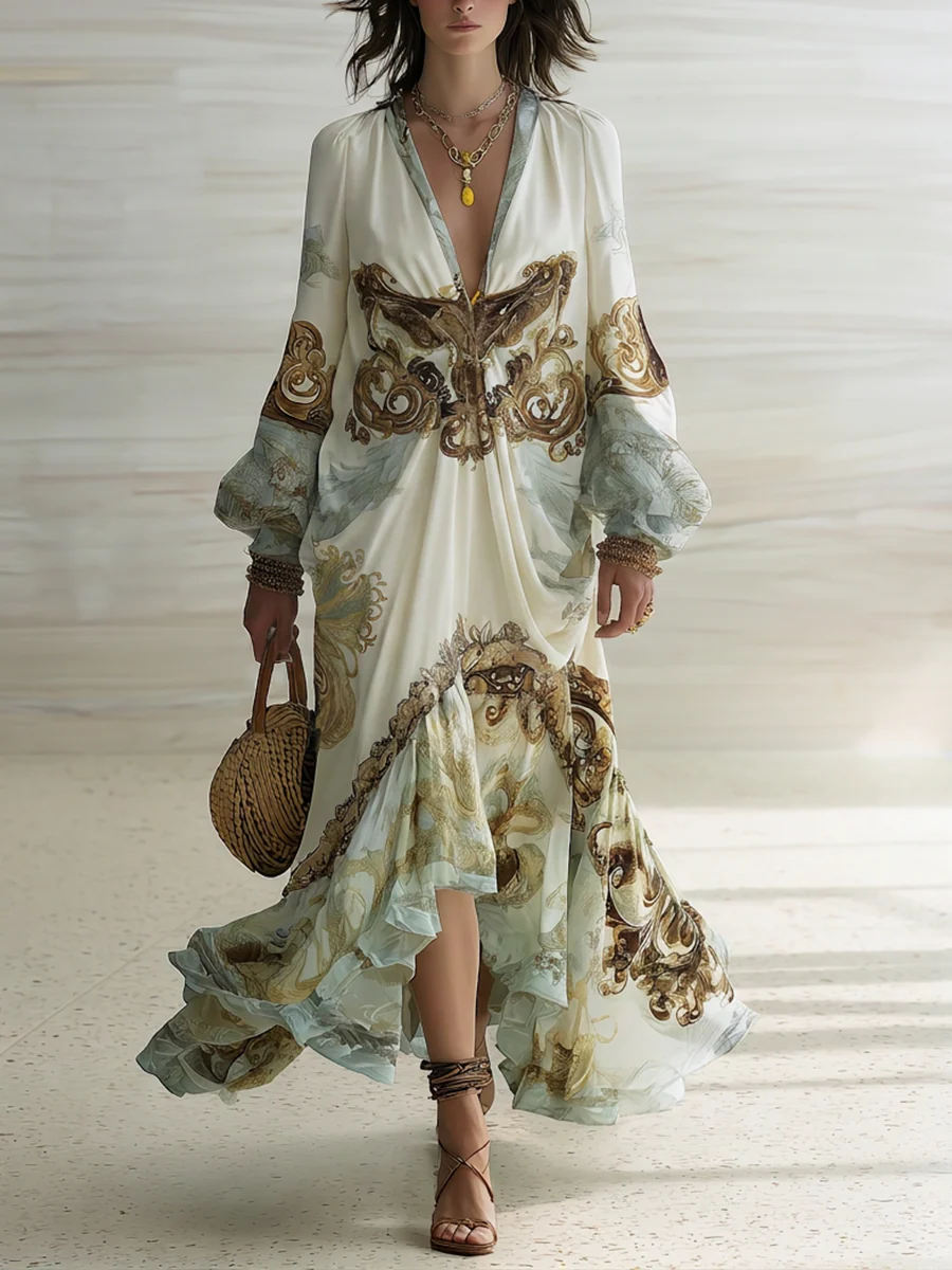 Boho Luxe Deep V Baroque Print Maxi Dress