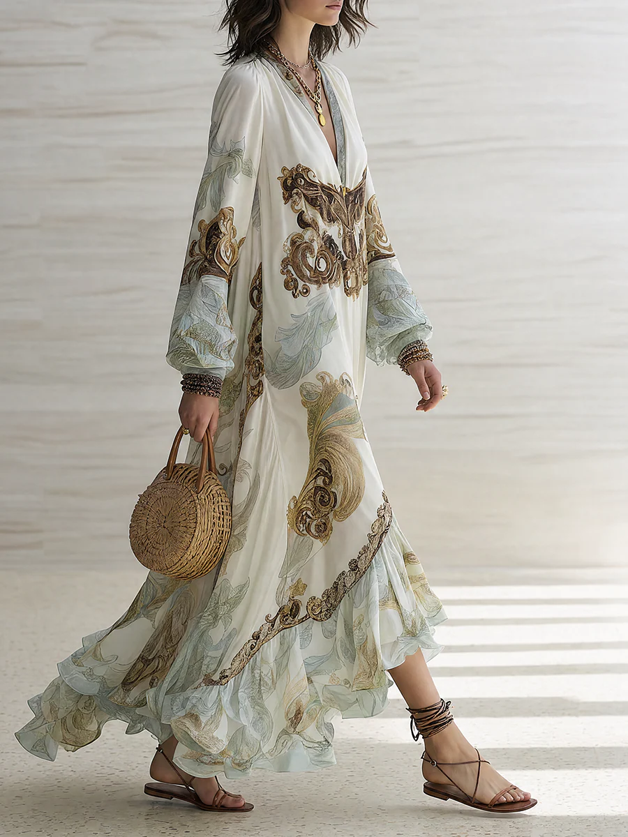 Boho Luxe Deep V Baroque Print Maxi Dress - Image 4
