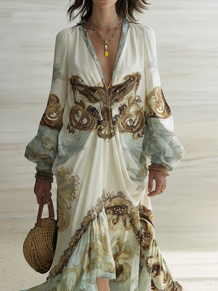 Boho Luxe Deep V Baroque Print Maxi Dress - Image 5
