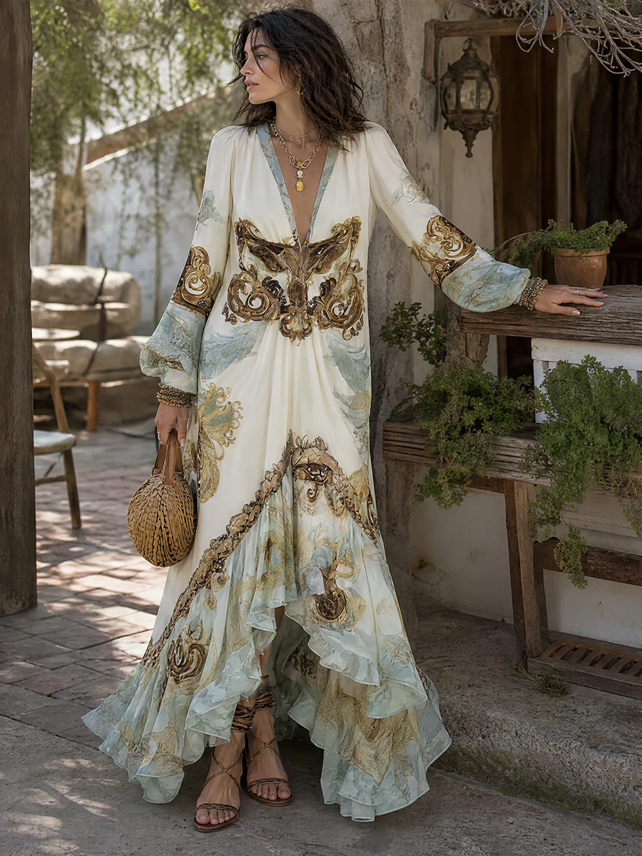 Boho Luxe Deep V Baroque Print Maxi Dress - Image 7