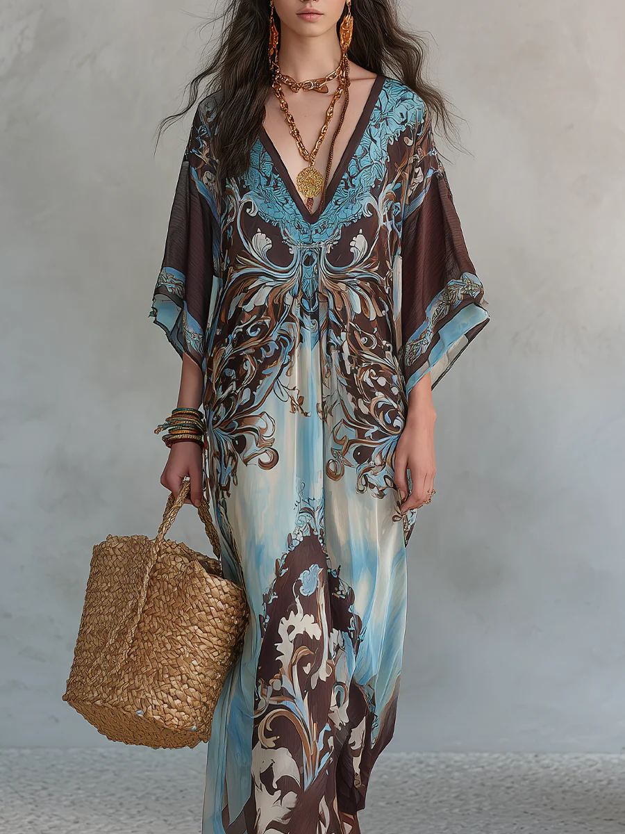 Boho Paisley Batwing Sleeve Beach Cover-Up Maxi Dress - Image 2