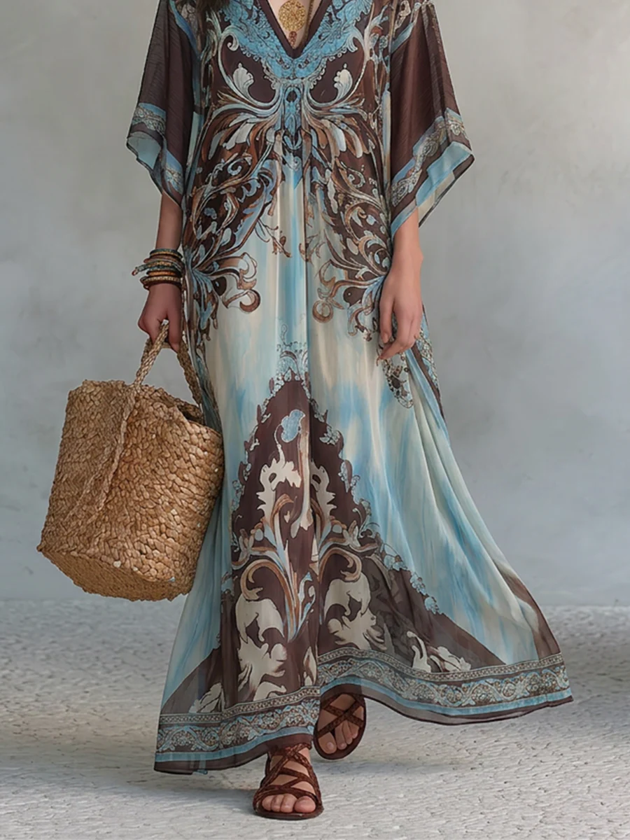 Boho Paisley Batwing Sleeve Beach Cover-Up Maxi Dress - Image 3