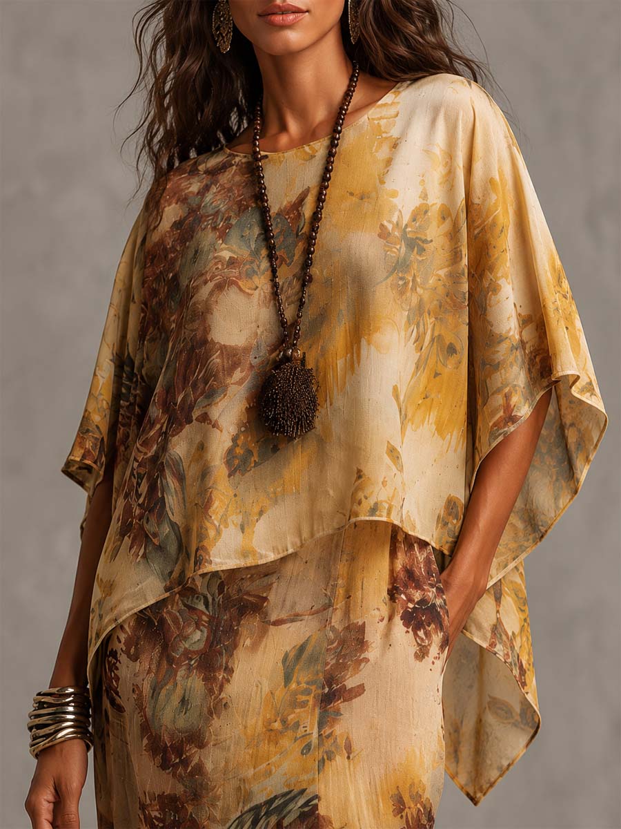 Boho Vintage Floral Print Cape Sleeve Overlay Top & Side Slit Midi Skirt Two Piece Set - Image 2