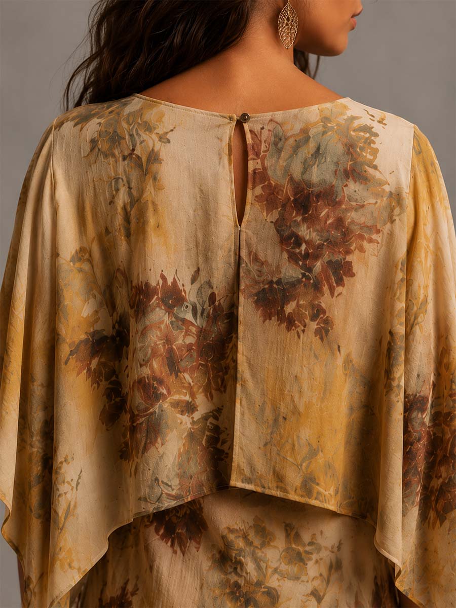 Boho Vintage Floral Print Cape Sleeve Overlay Top & Side Slit Midi Skirt Two Piece Set - Image 3