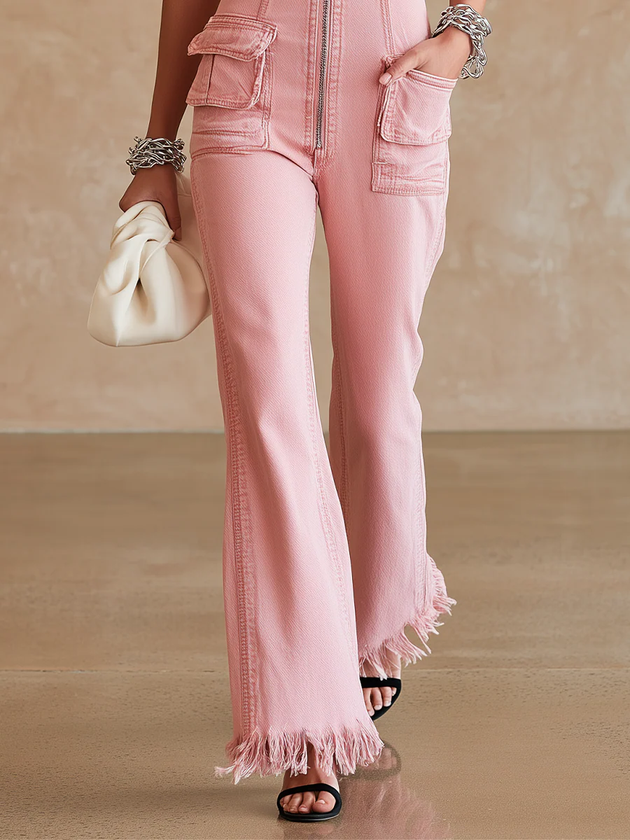 Boho Western Frayed Hem Overall Jumpsuit - Image 3
