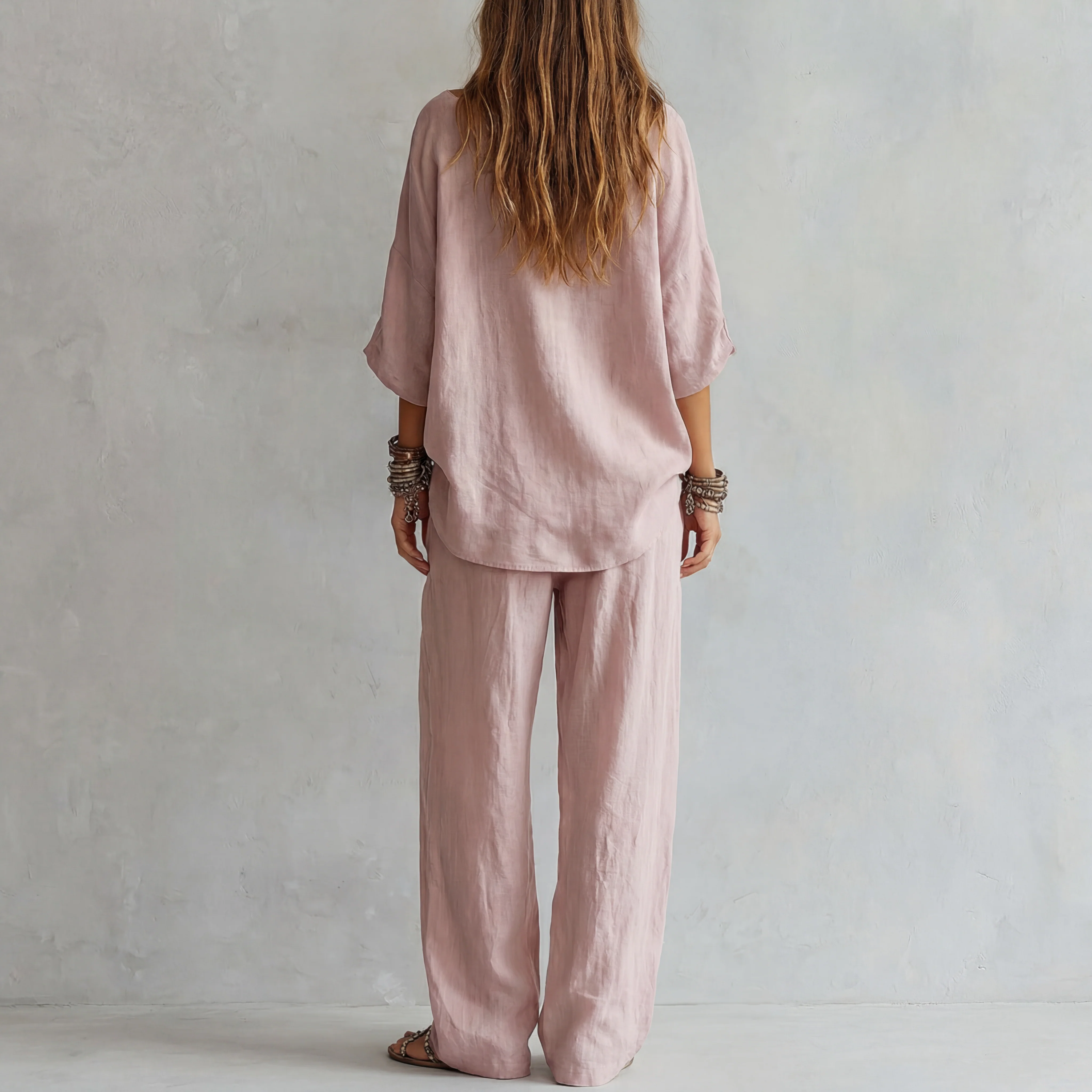 Casual Light Pink Linen Wide-leg Pants Set - Image 3