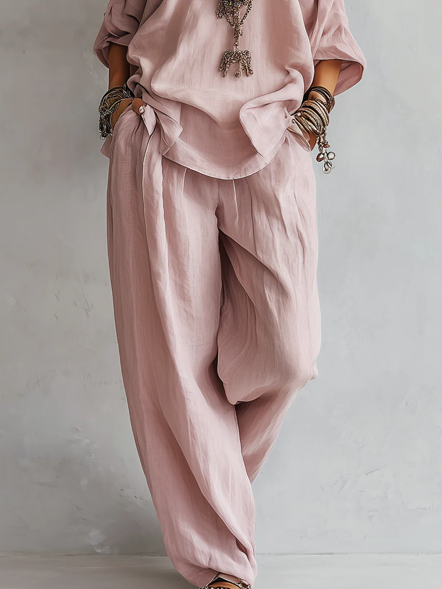 Casual Light Pink Linen Wide-leg Pants Set - Image 4