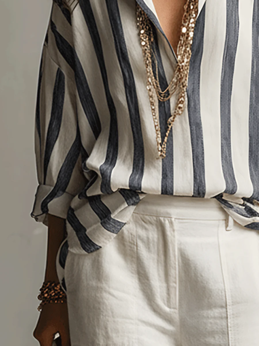Casual Striped Cotton And Linen Long-Sleeved Shirt - Image 10
