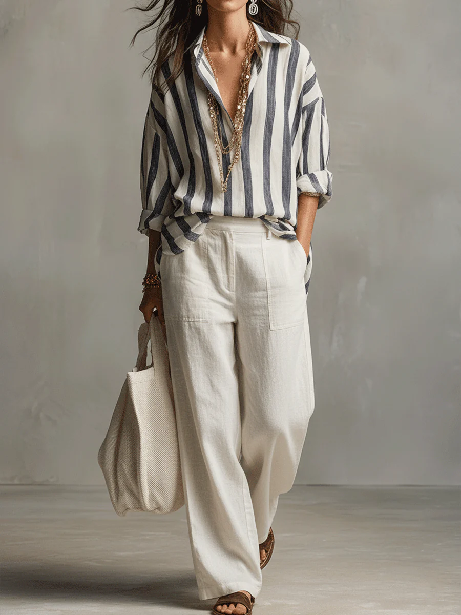 Casual Striped Cotton And Linen Long-Sleeved Shirt - Image 11