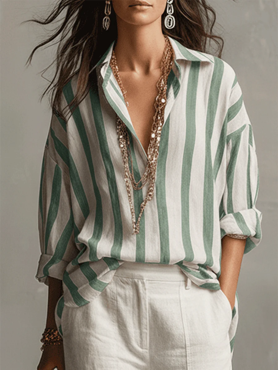 Casual Striped Cotton And Linen Long-Sleeved Shirt - Image 3