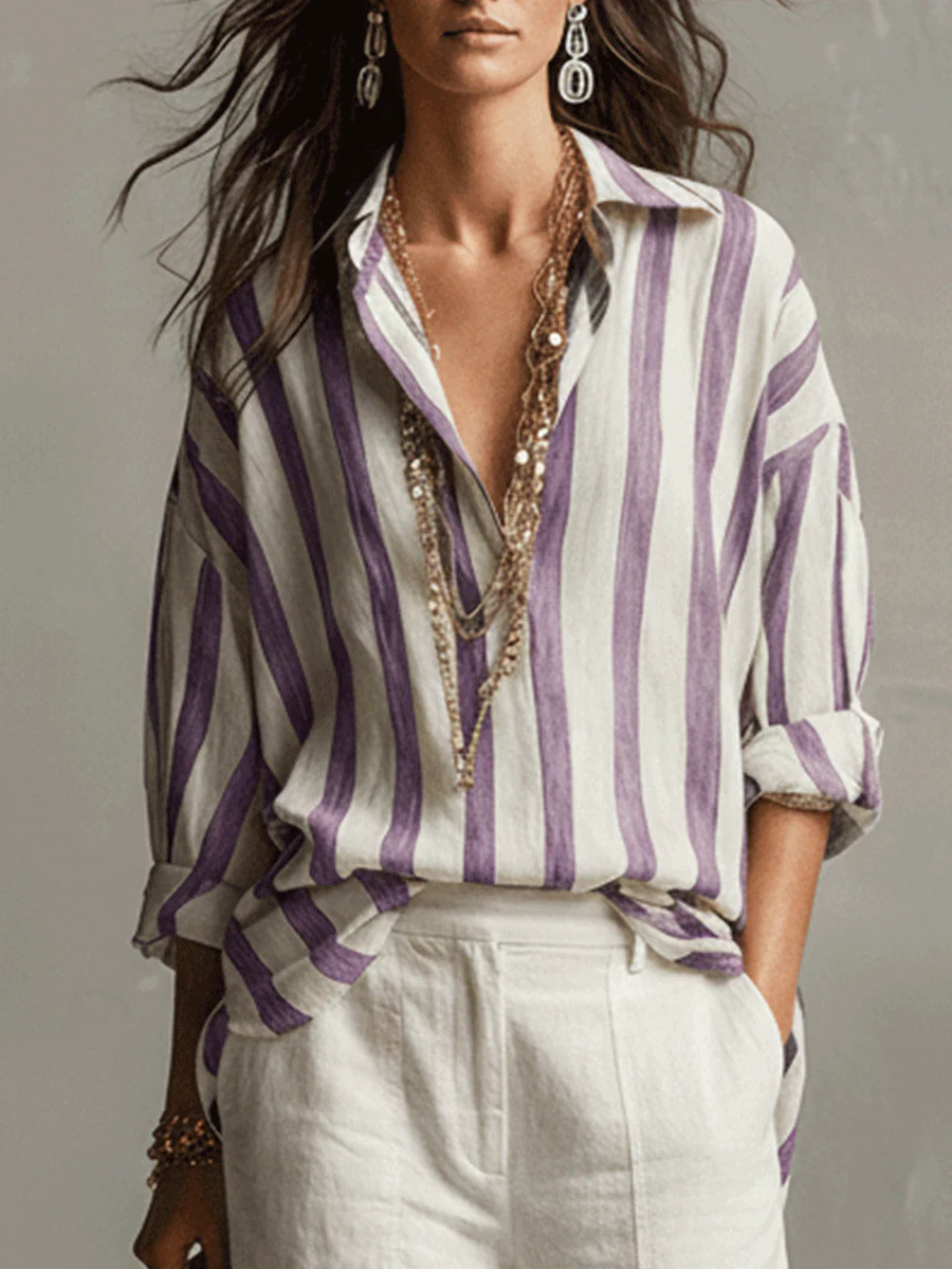 Casual Striped Cotton And Linen Long-Sleeved Shirt - Image 4