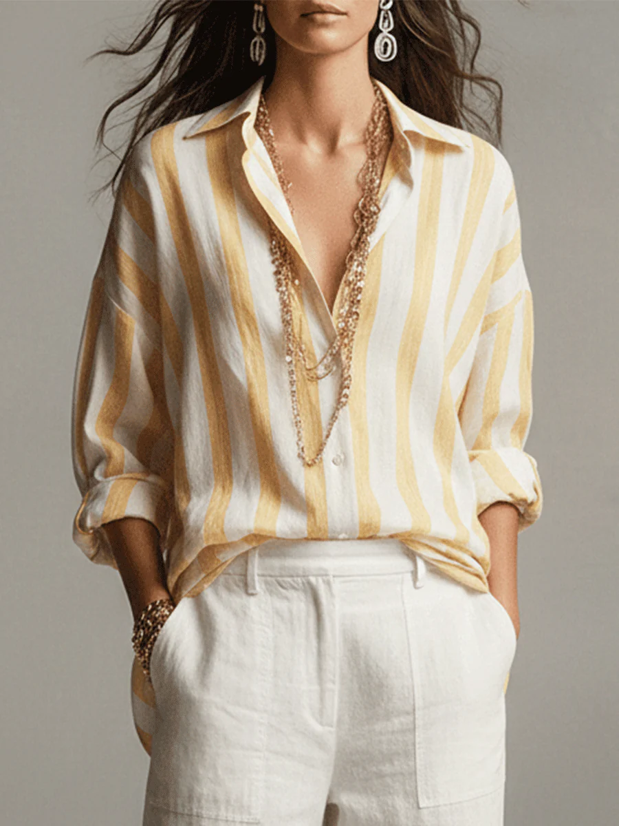 Casual Striped Cotton And Linen Long-Sleeved Shirt - Image 5