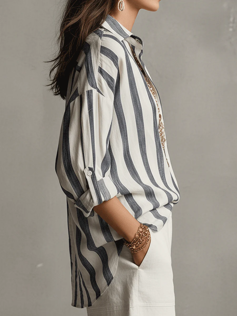 Casual Striped Cotton And Linen Long-Sleeved Shirt - Image 7