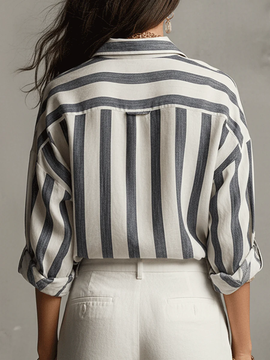 Casual Striped Cotton And Linen Long-Sleeved Shirt - Image 8