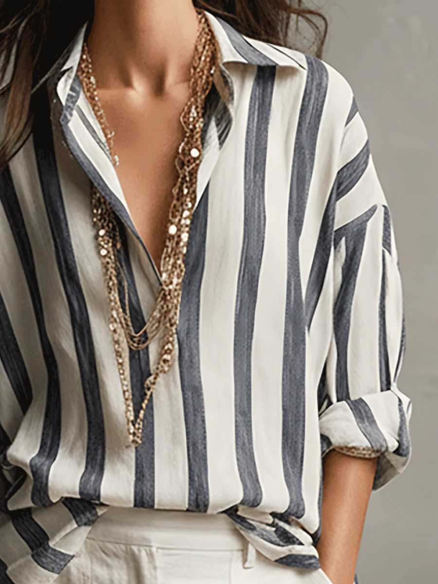 Casual Striped Cotton And Linen Long-Sleeved Shirt - Image 9