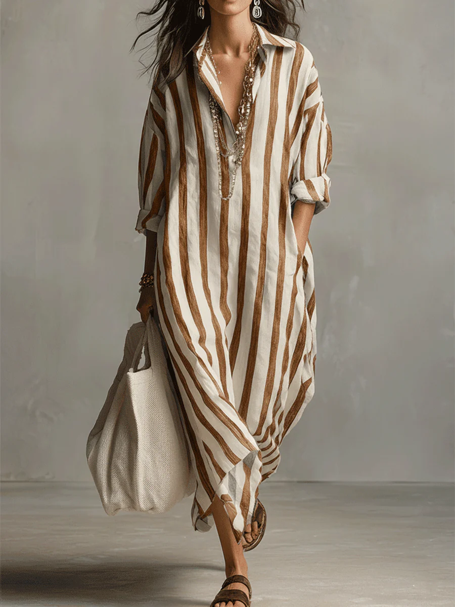 Casual Striped Shirt Bohemian Style Maxi Dress - Image 5
