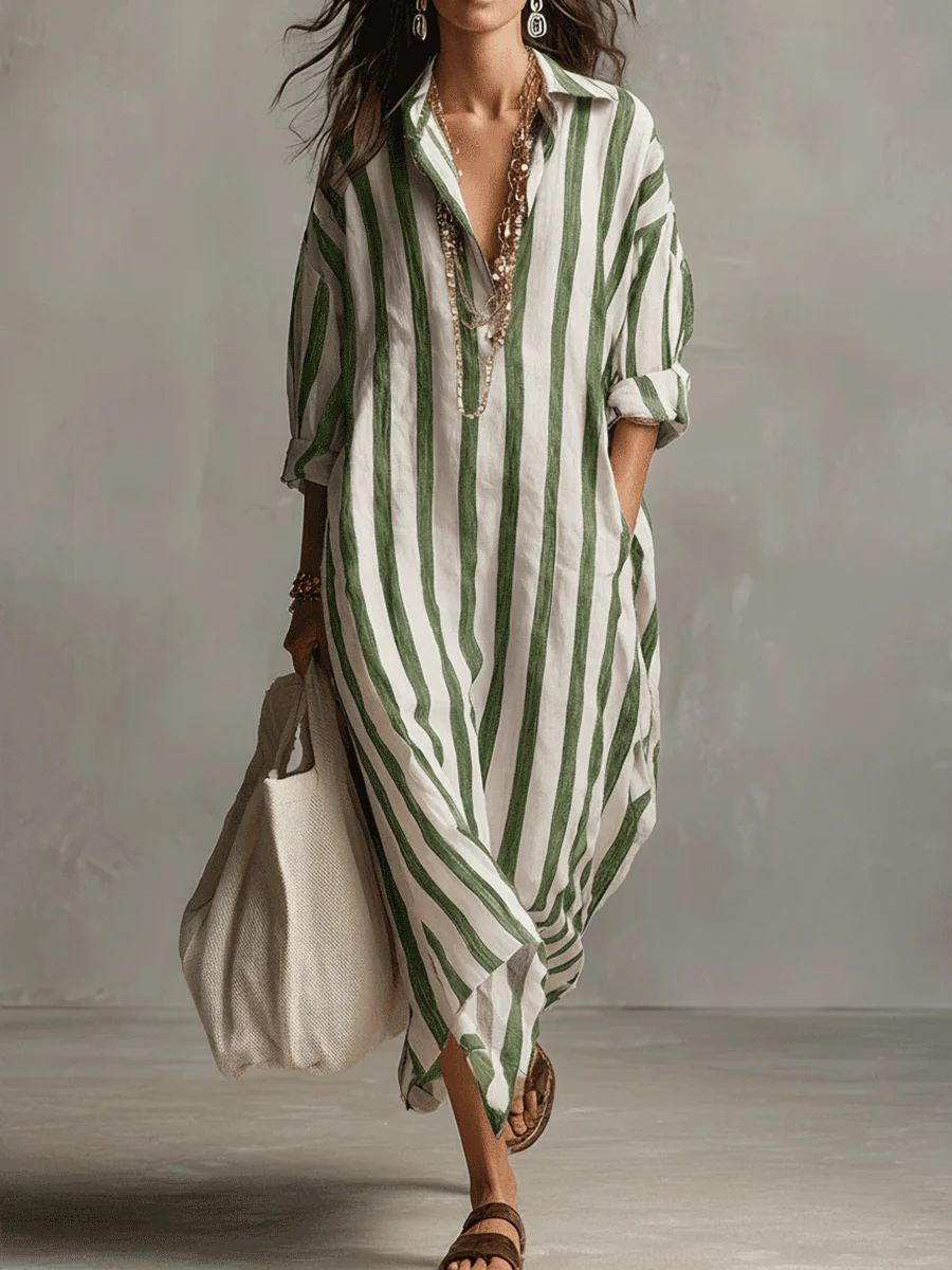 Casual Striped Shirt Bohemian Style Maxi Dress - Image 6