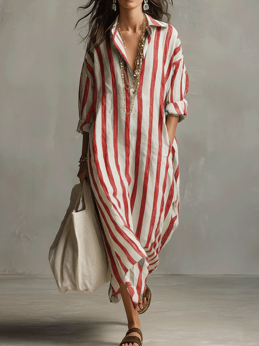 Casual Striped Shirt Bohemian Style Maxi Dress - Image 7