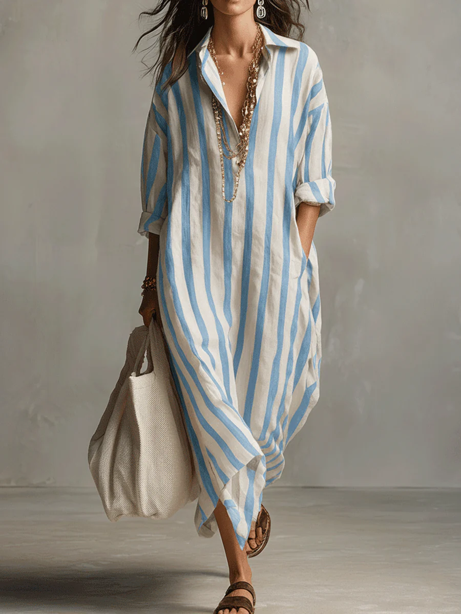 Casual Striped Shirt Bohemian Style Maxi Dress - Image 8