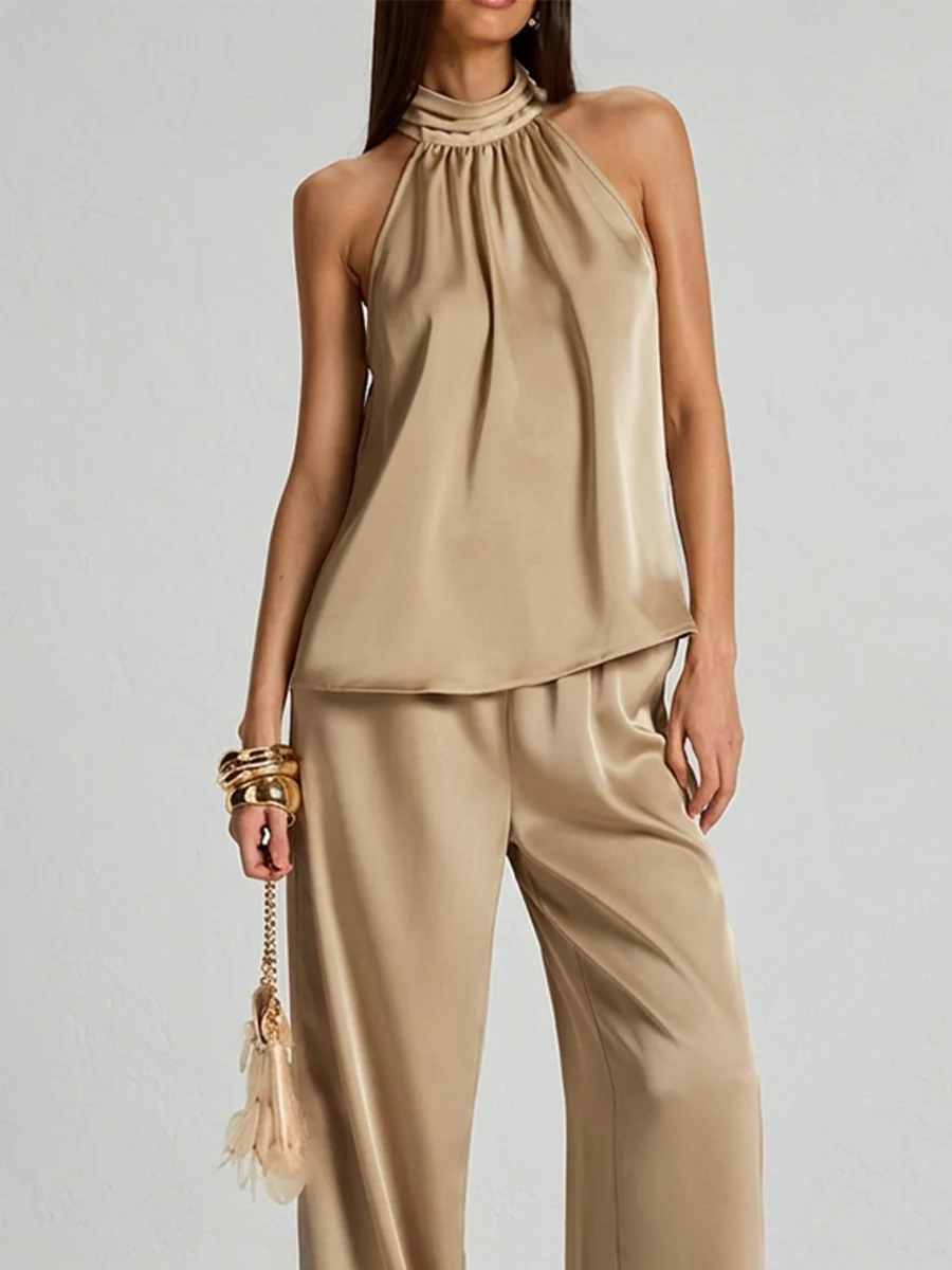 Champagne Satin Mock Neck Cami & Flowy Wide Leg Trousers Set - Image 2