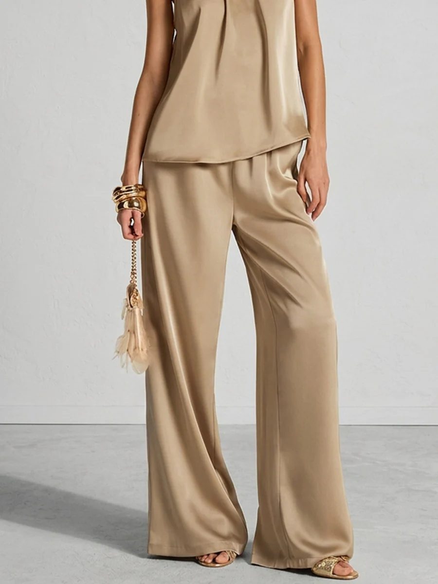Champagne Satin Mock Neck Cami & Flowy Wide Leg Trousers Set - Image 3