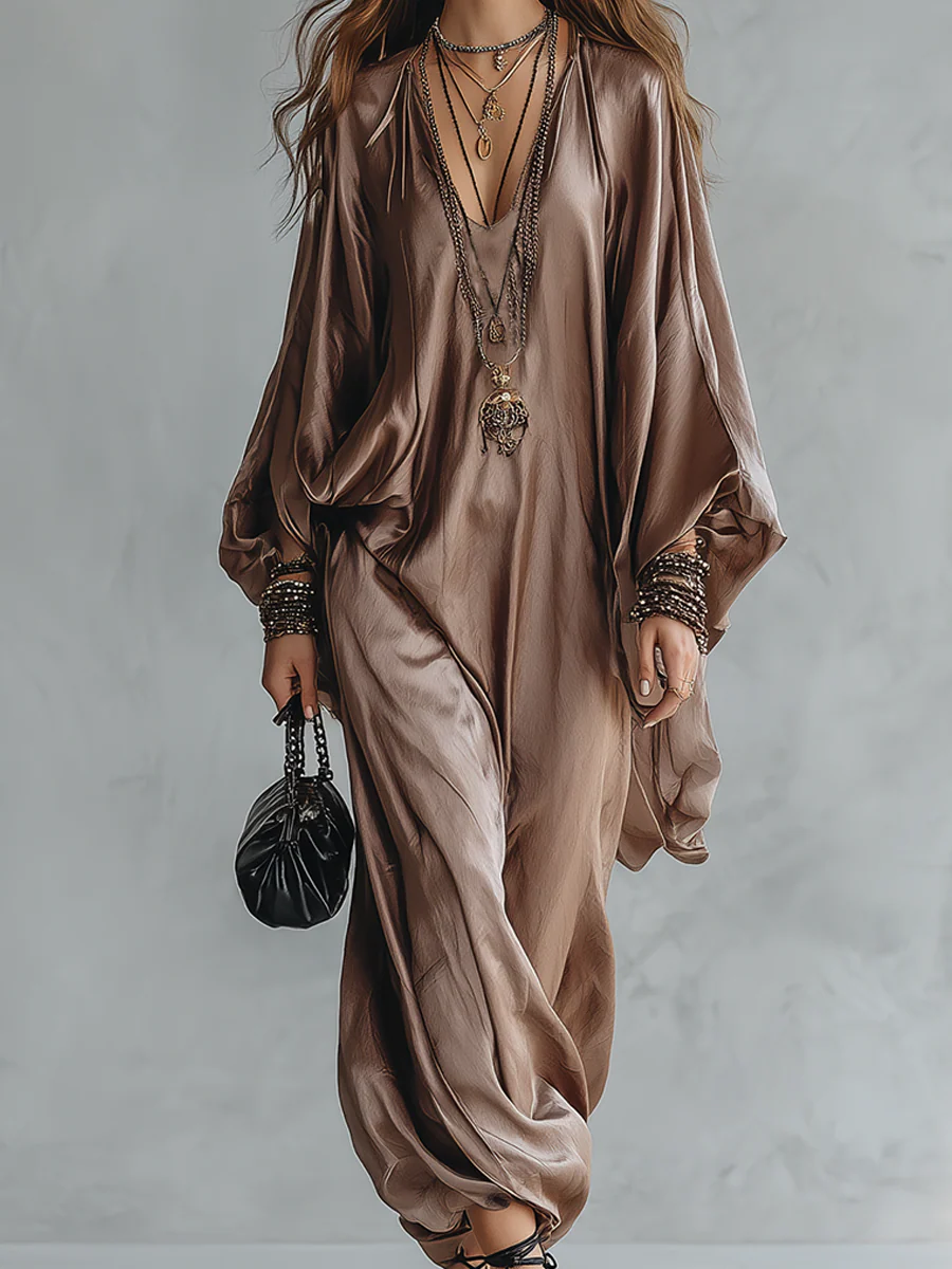 Champagne Satin Oversized Kaftan Jumpsuit With Batwing Sleeves - Image 4