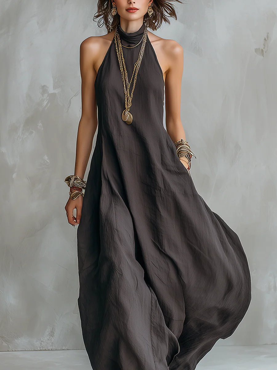 Charcoal Gray Bohemian Style Off The Shoulder Loose Maxi Dress - Image 2
