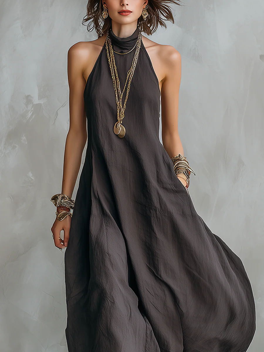 Charcoal Gray Bohemian Style Off The Shoulder Loose Maxi Dress - Image 3