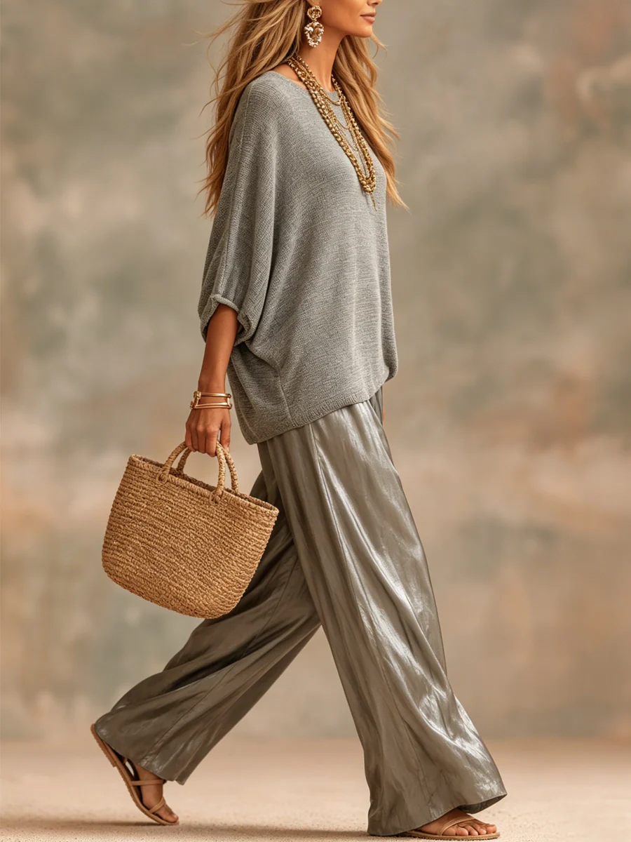 Charcoal Gray Knit Top And Glossy Wide-leg Pants Suit - Image 5