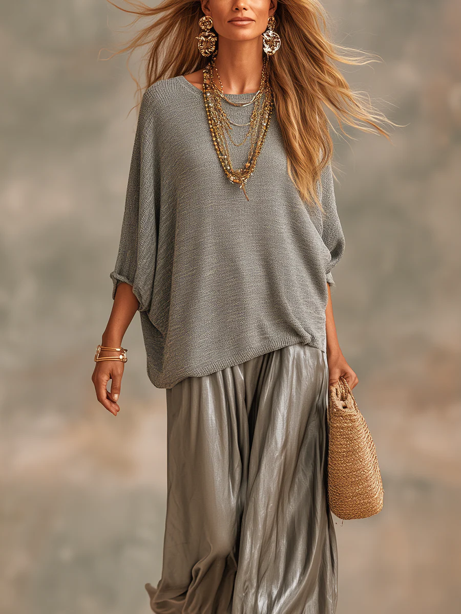 Charcoal Gray Knit Top And Glossy Wide-leg Pants Suit - Image 8