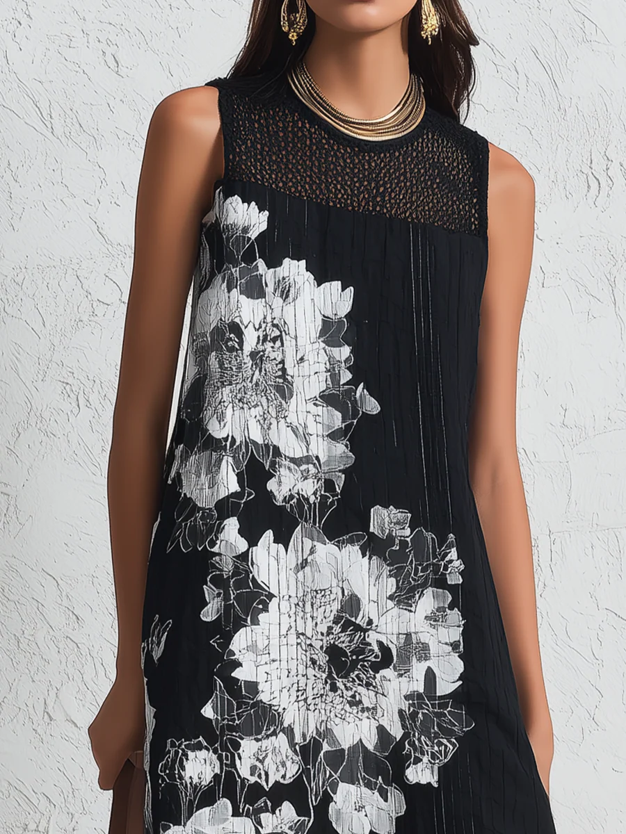 Chic Black Floral Print Sleeveless Midi Dress - Image 2