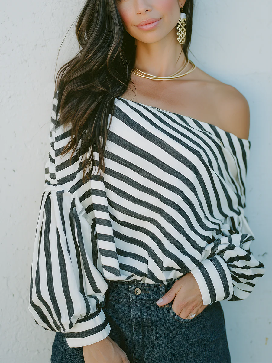 Chic Black White Off Shoulder Striped Blouse