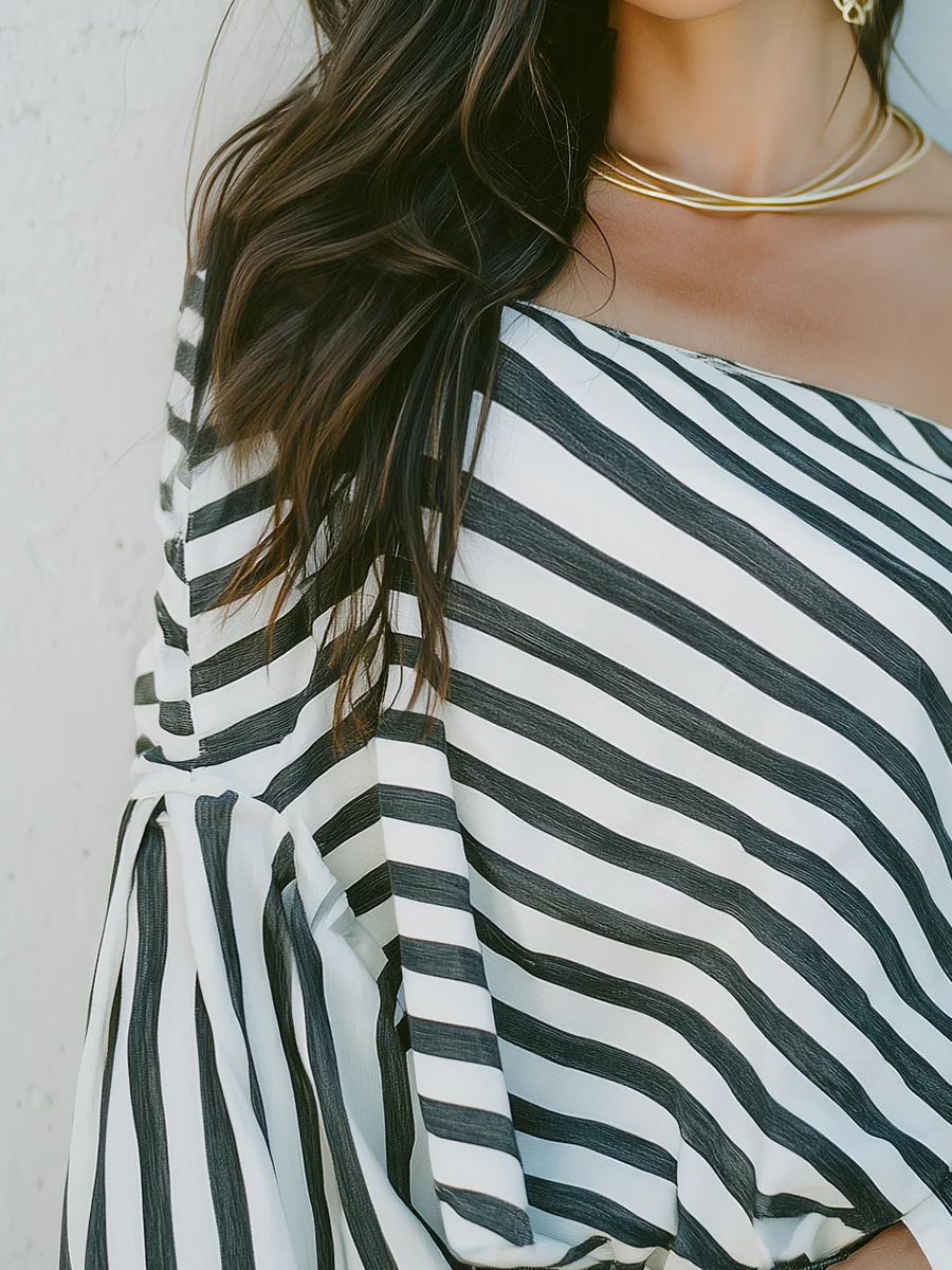 Chic Black White Off Shoulder Striped Blouse - Image 2