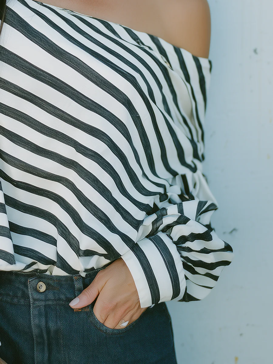 Chic Black White Off Shoulder Striped Blouse - Image 3