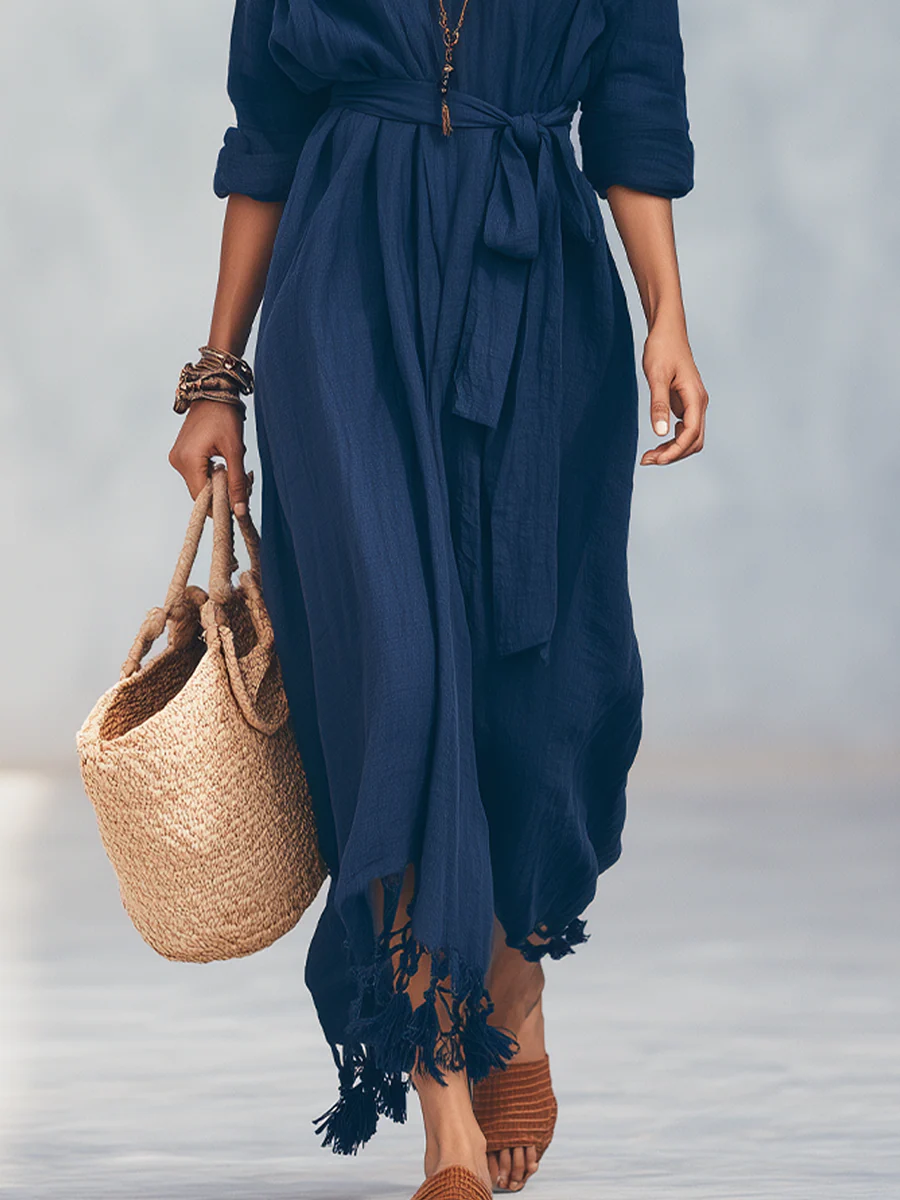 Chic Navy Tassel Tie-Waist Tiered Midi Dress - Image 3