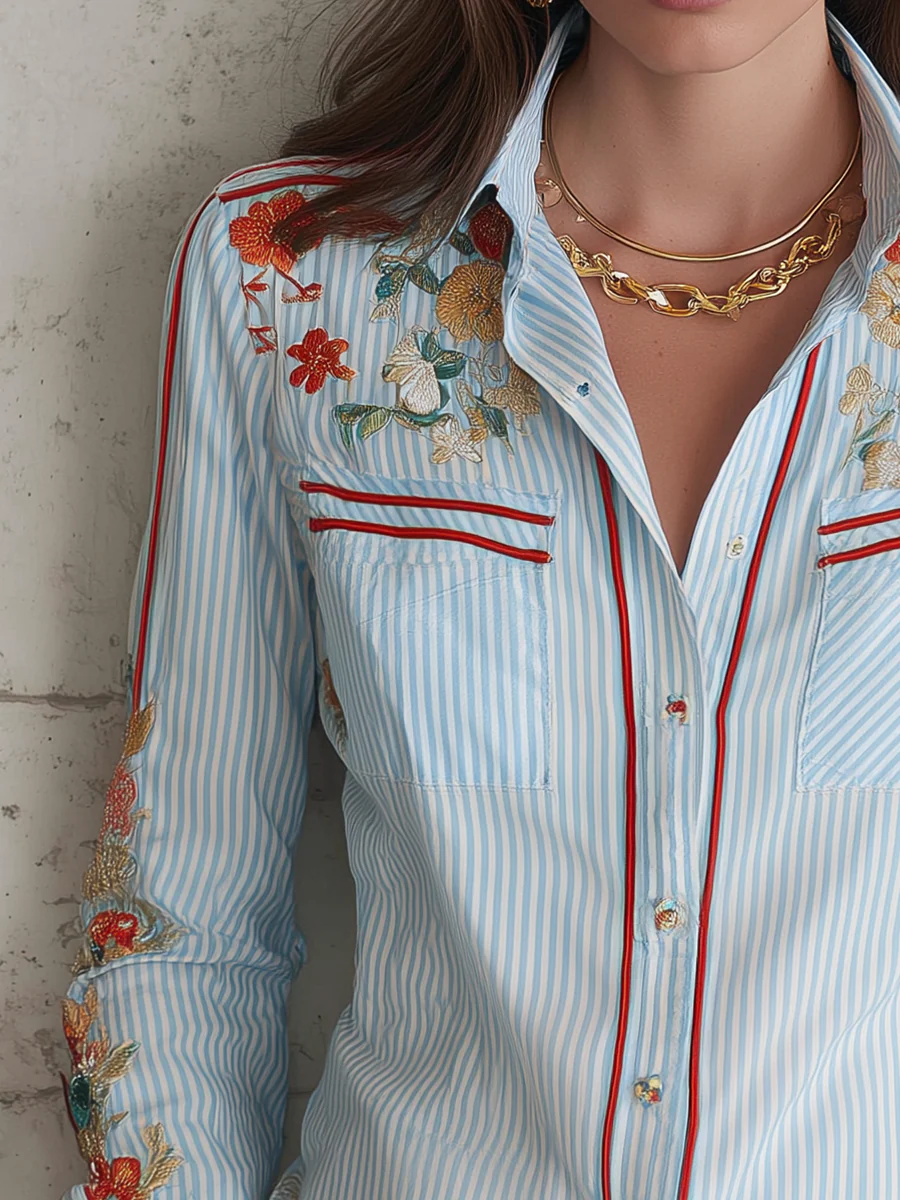Classic Blue Stripe Floral Embroidered Shirt - Image 2