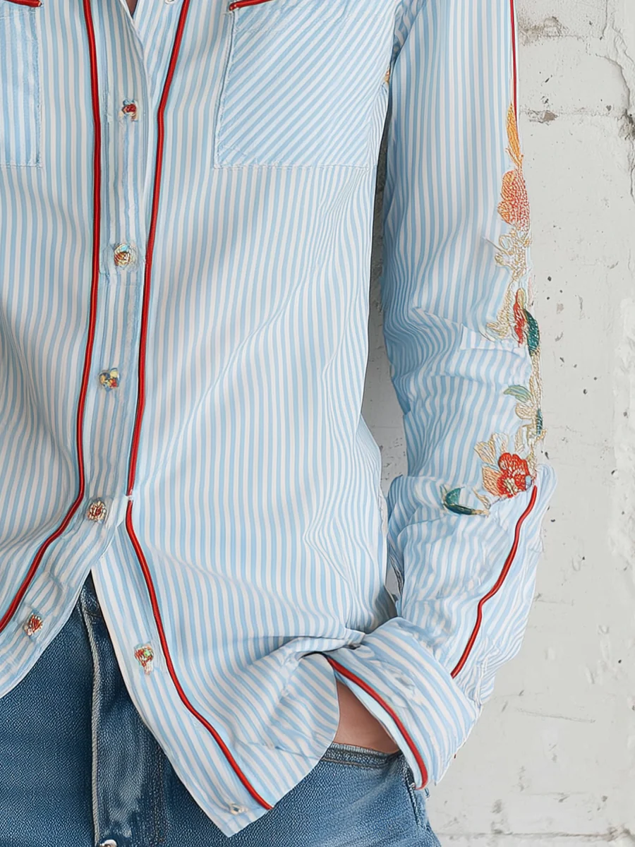 Classic Blue Stripe Floral Embroidered Shirt - Image 3