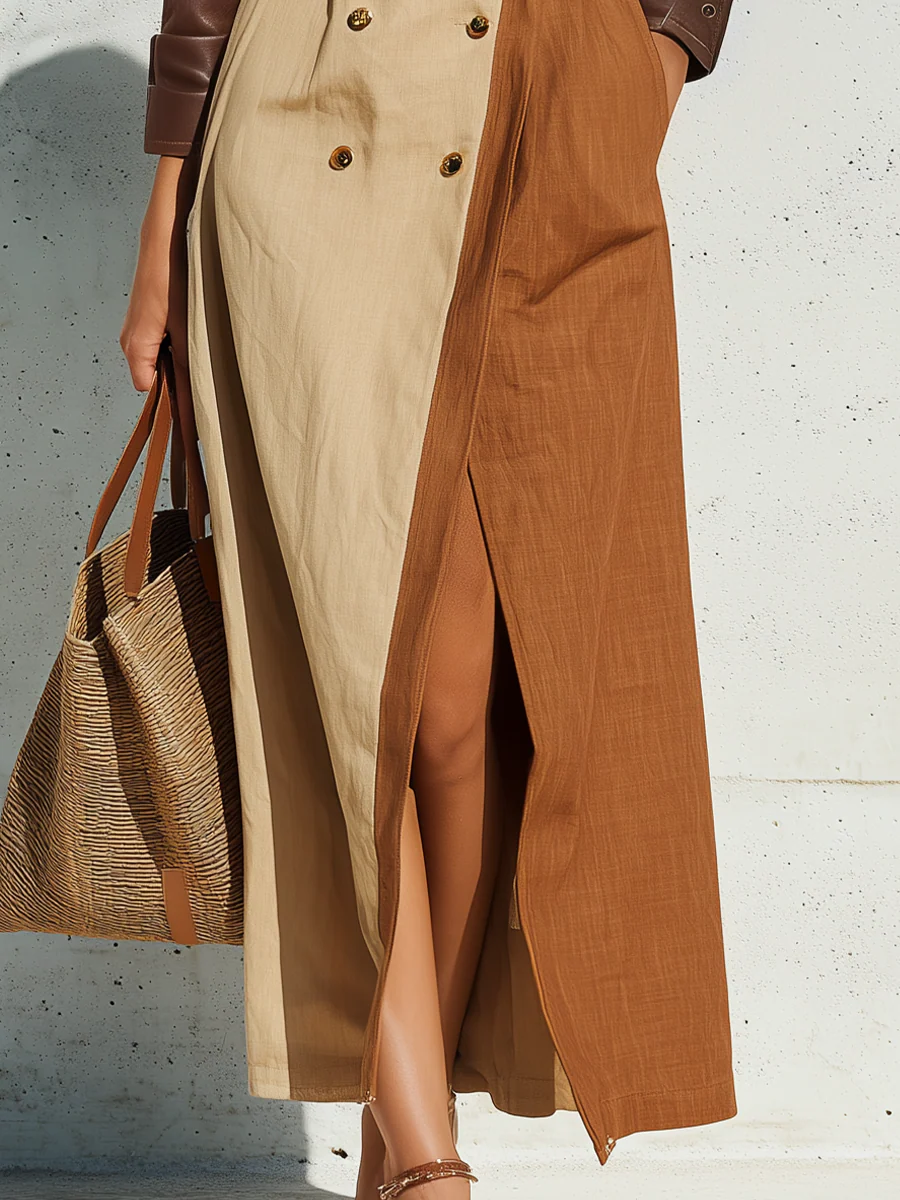 Classic Brown Beige Color Block Trench Coat - Image 3