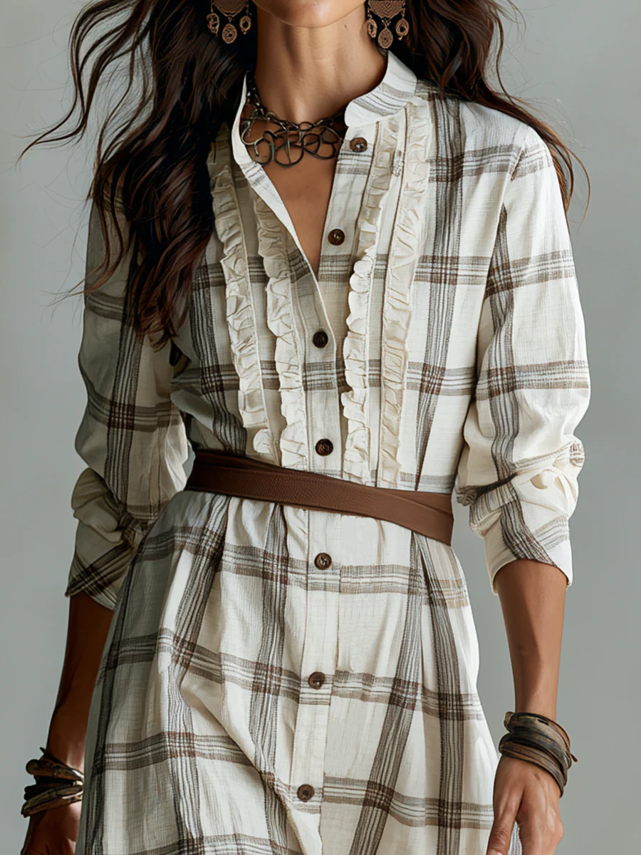 Classic Ivory Plaid Ruffle Shirt Midi Dress - Image 2
