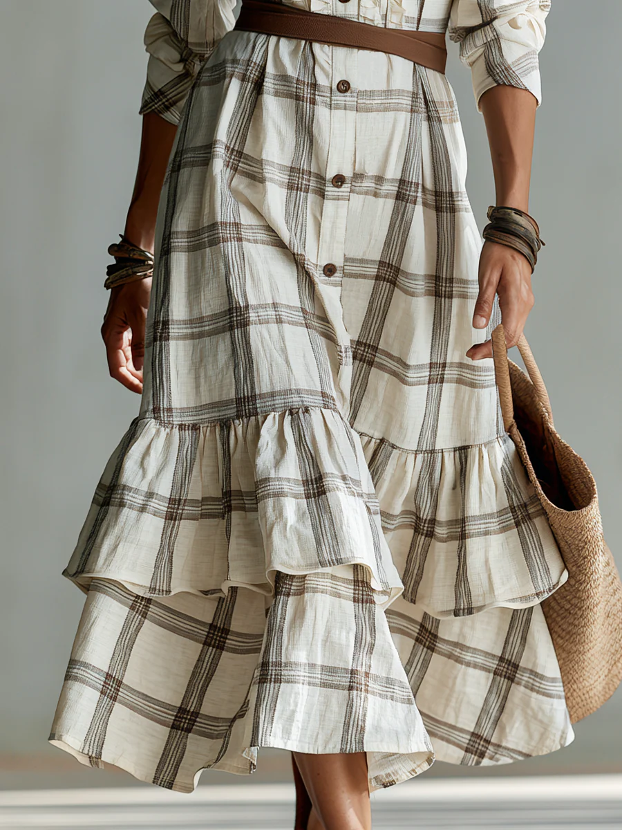 Classic Ivory Plaid Ruffle Shirt Midi Dress - Image 3
