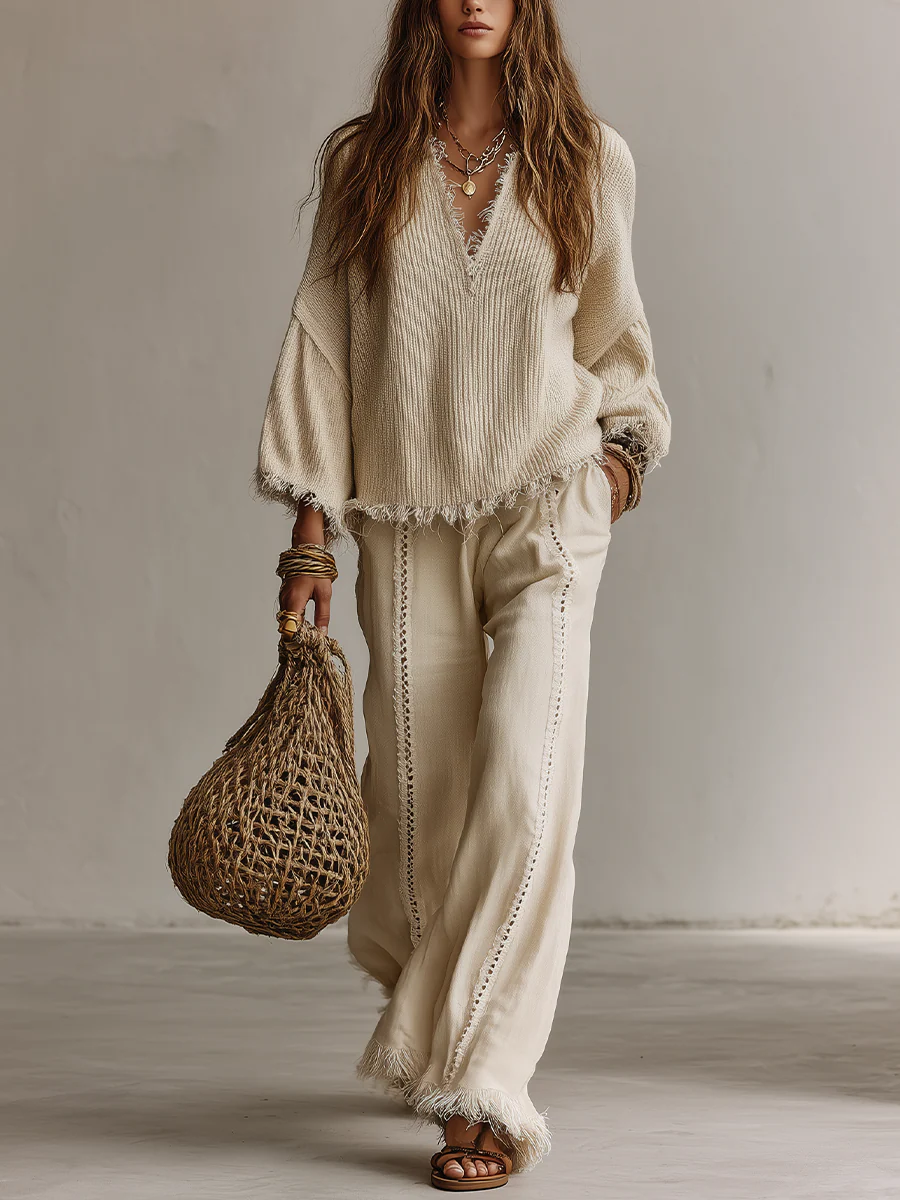 Coastal Boho Fringe Knit Top & Wide Leg Pants Set