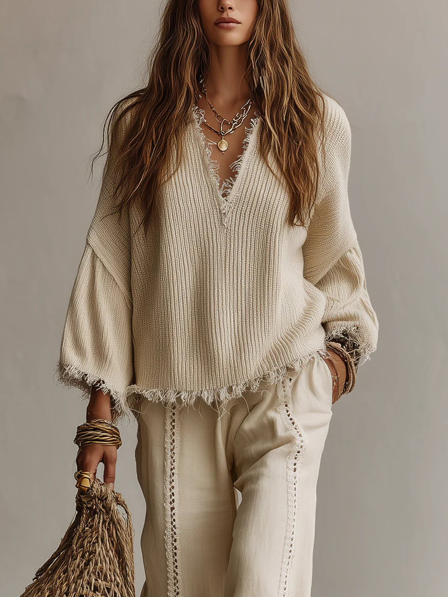 Coastal Boho Fringe Knit Top & Wide Leg Pants Set - Image 2