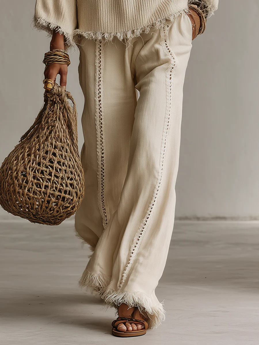 Coastal Boho Fringe Knit Top & Wide Leg Pants Set - Image 3