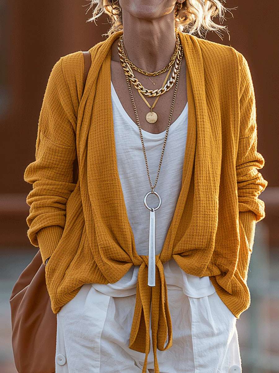 Coastal Boho Mustard Knit Cardigan & White Linen Cargo Pant Set - Image 2