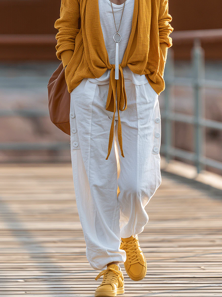 Coastal Boho Mustard Knit Cardigan & White Linen Cargo Pant Set - Image 3
