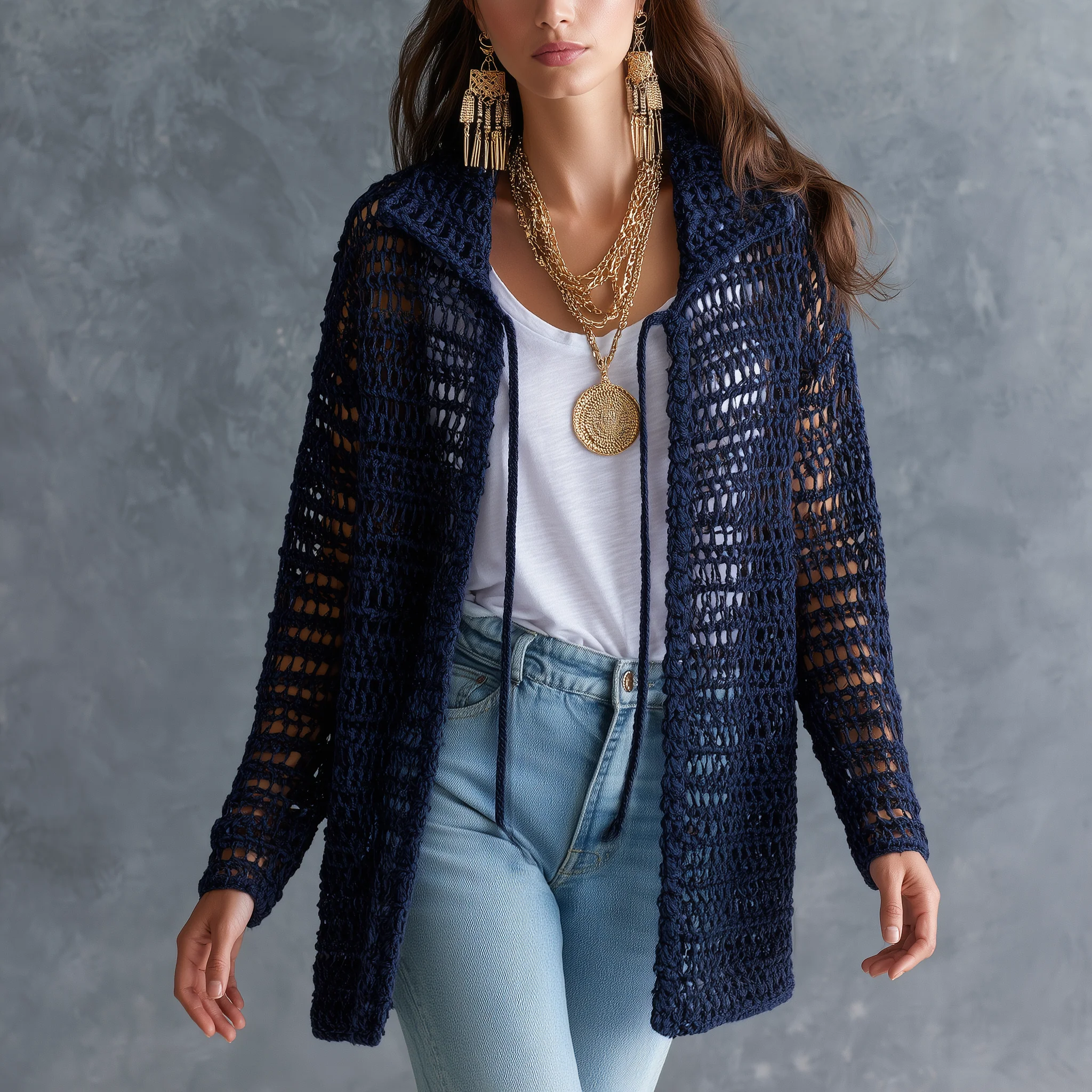 Coastal Boho Open-Knit Long-Sleeve Hollow-Out Dark Blue Duster Cardigan - Image 2