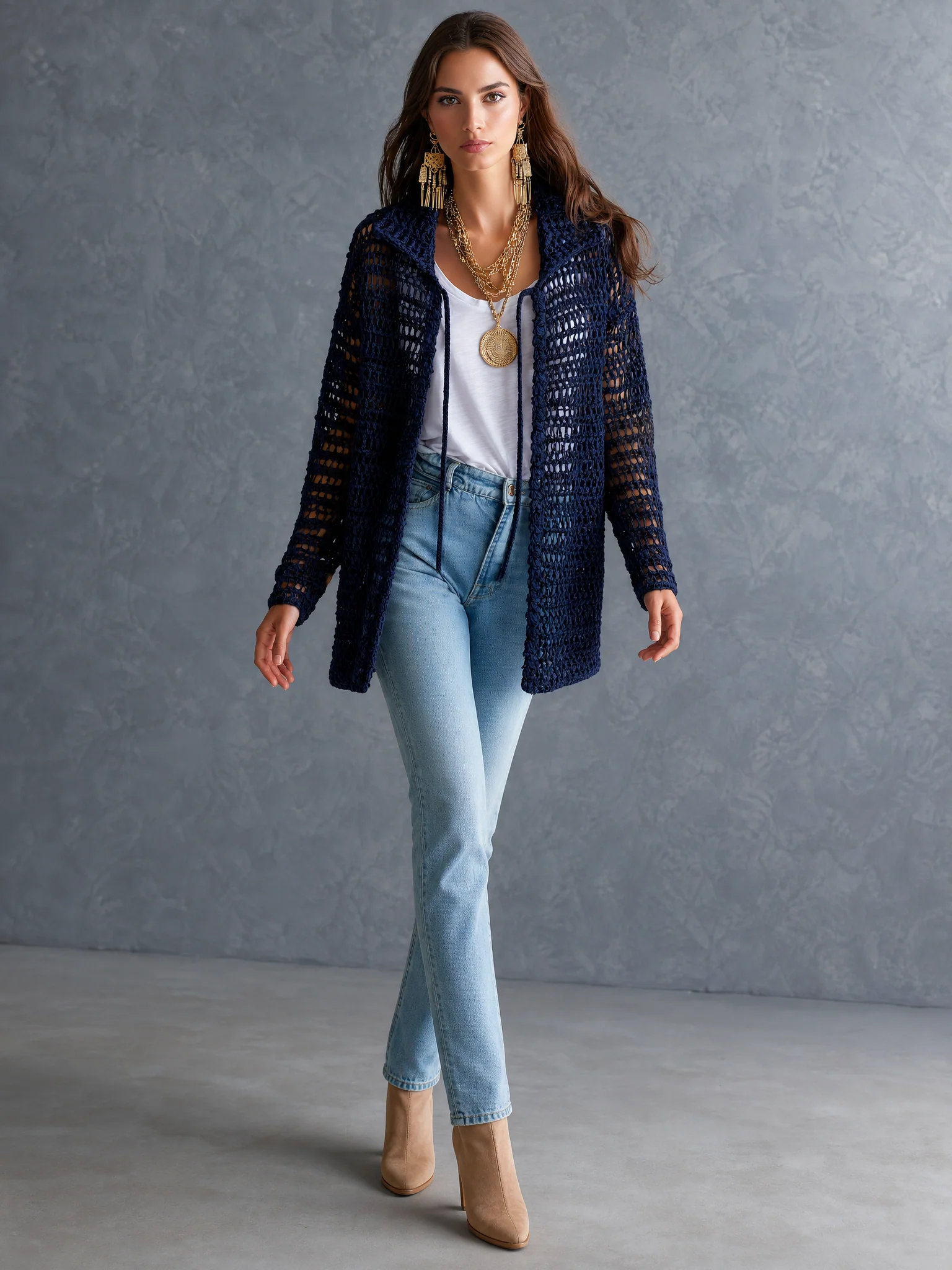 Coastal Boho Open-Knit Long-Sleeve Hollow-Out Dark Blue Duster Cardigan - Image 3