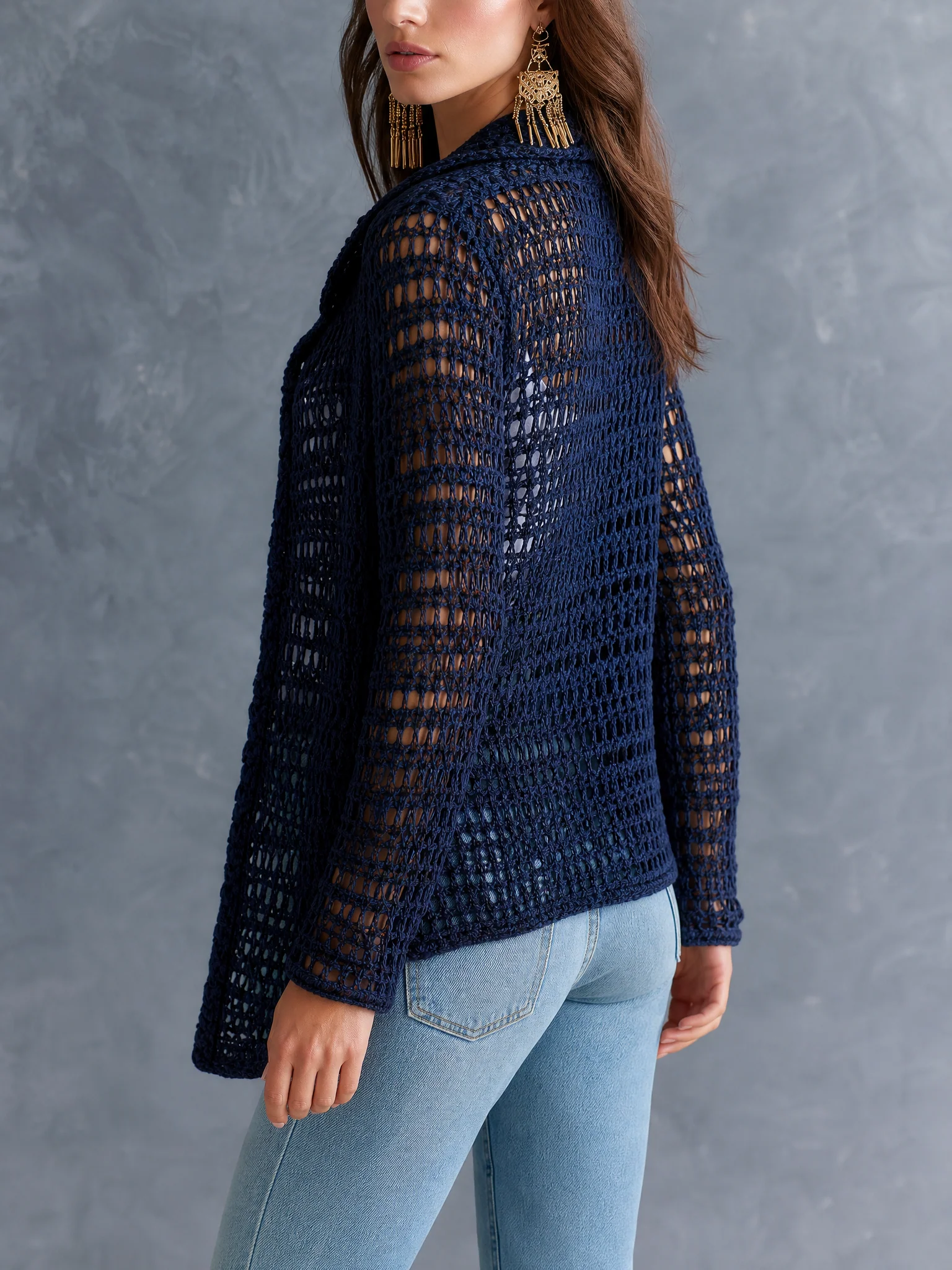Coastal Boho Open-Knit Long-Sleeve Hollow-Out Dark Blue Duster Cardigan - Image 4